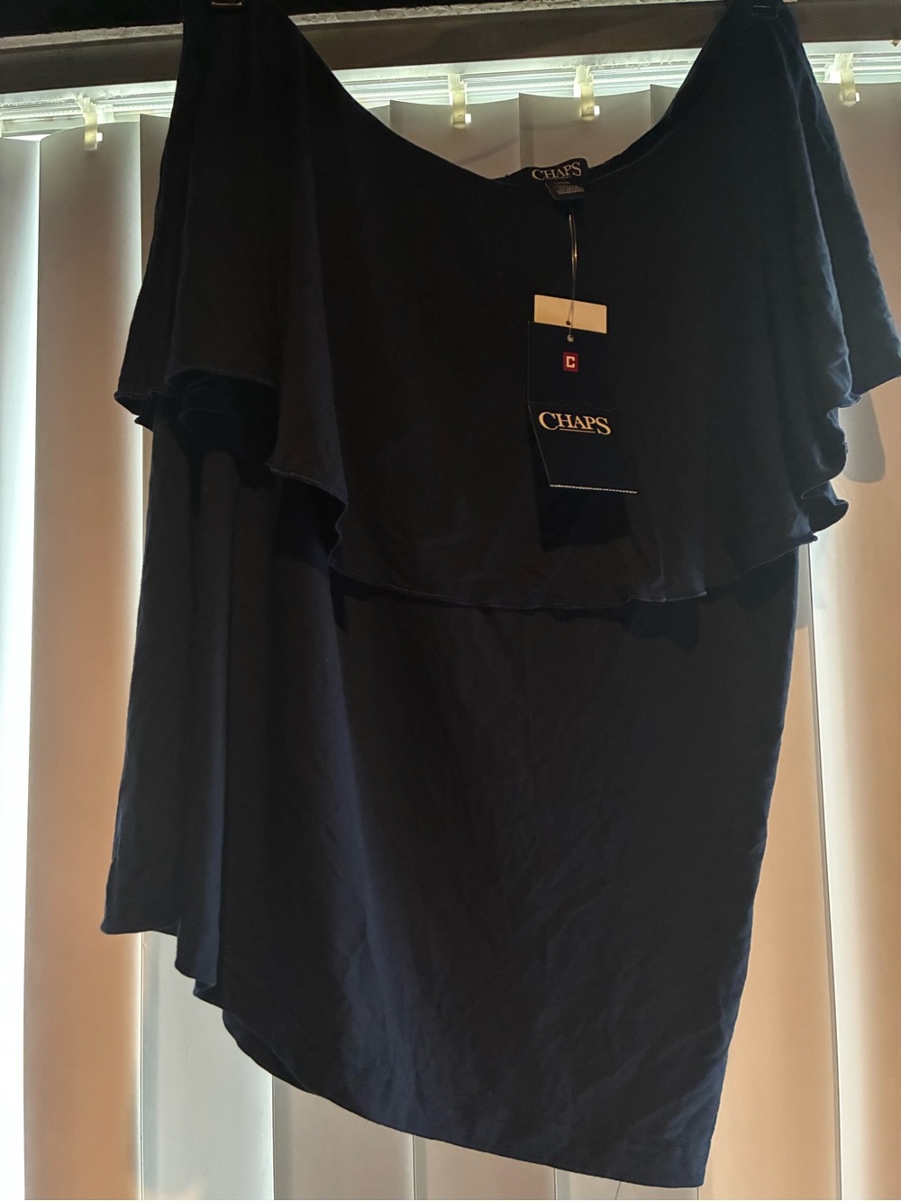 Chaps Navy Off-Shoulder Ruffle Blouse